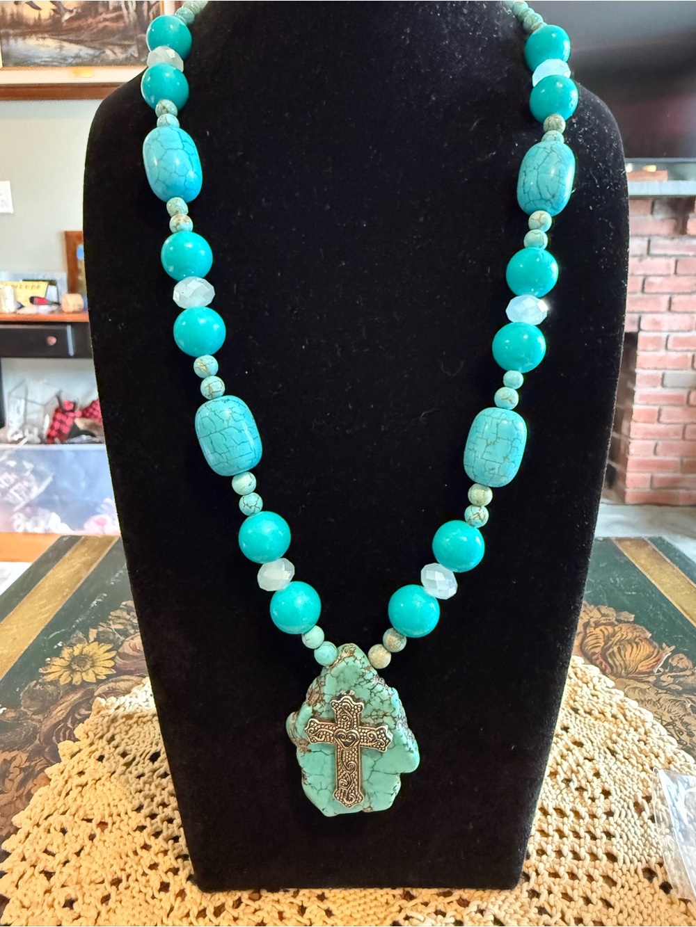 Turquoise Beaded Cross Pendant Necklace - Women's Jewelry